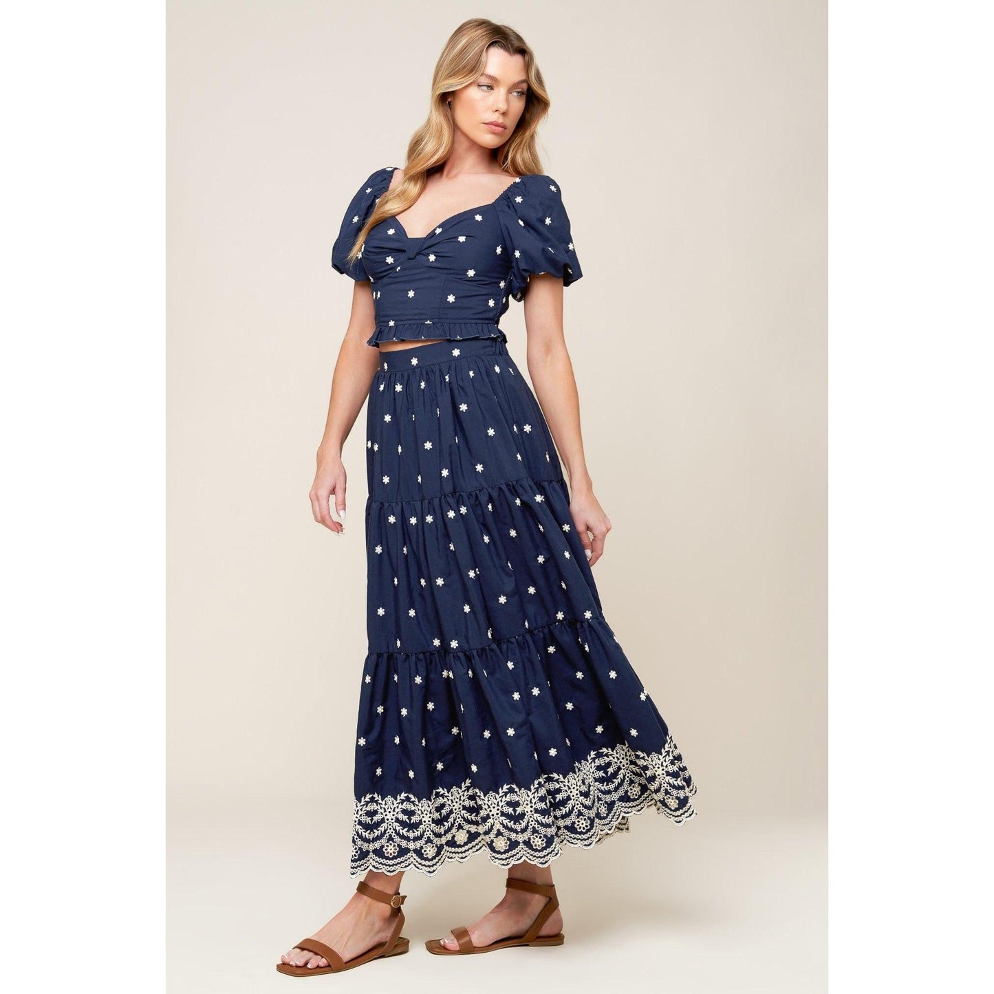 BEBE ALERT NAVY WOVEN MIDI SKIRT