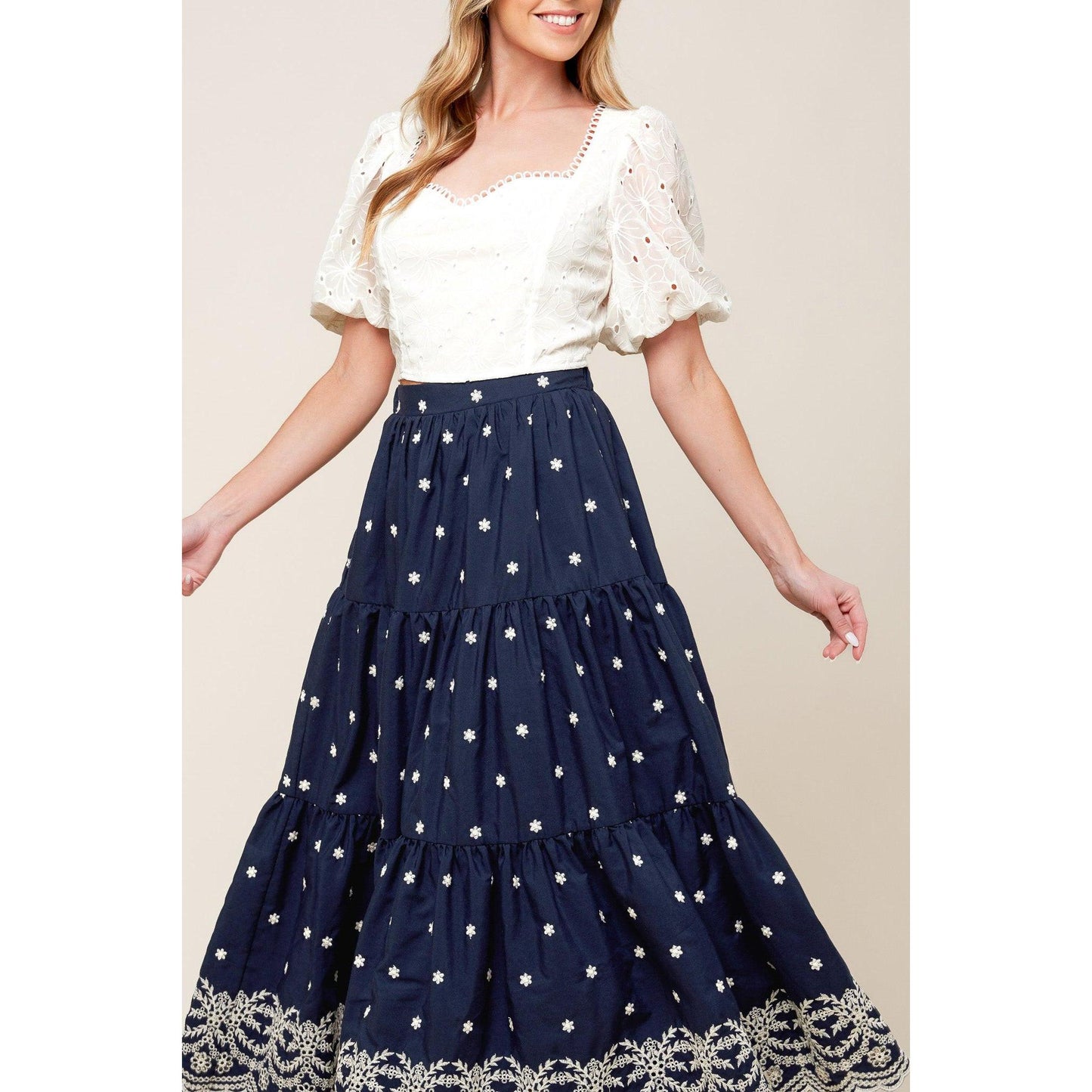 BEBE ALERT NAVY WOVEN MIDI SKIRT