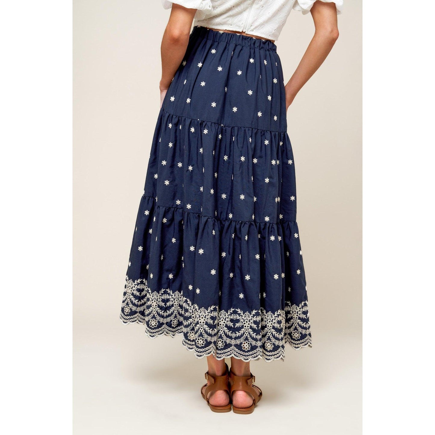 BEBE ALERT NAVY WOVEN MIDI SKIRT