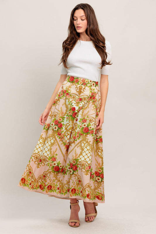 a woman in a floral skirt
