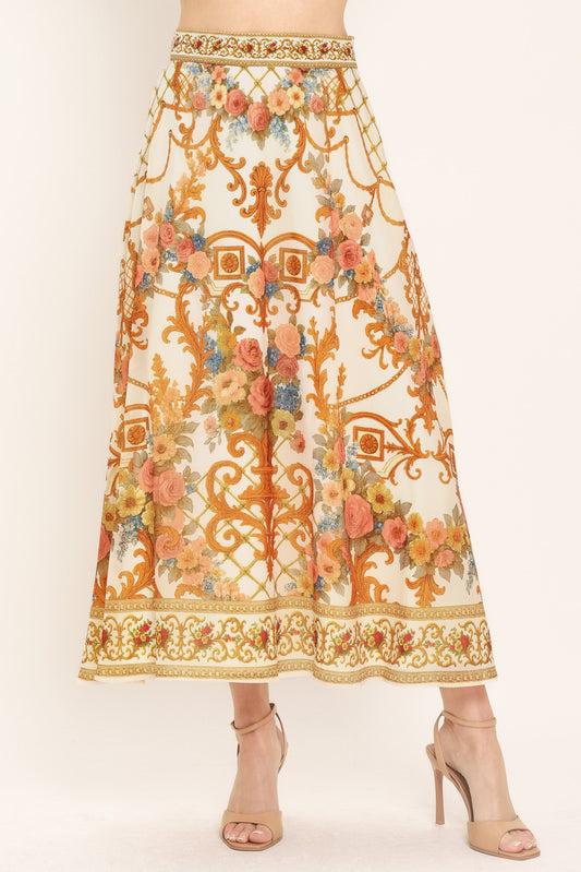 a woman wearing a floral skirt