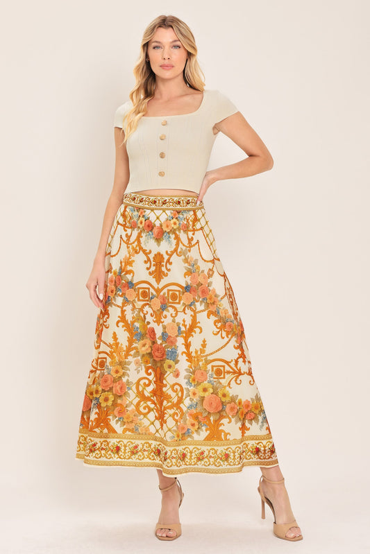 a woman in a floral skirt