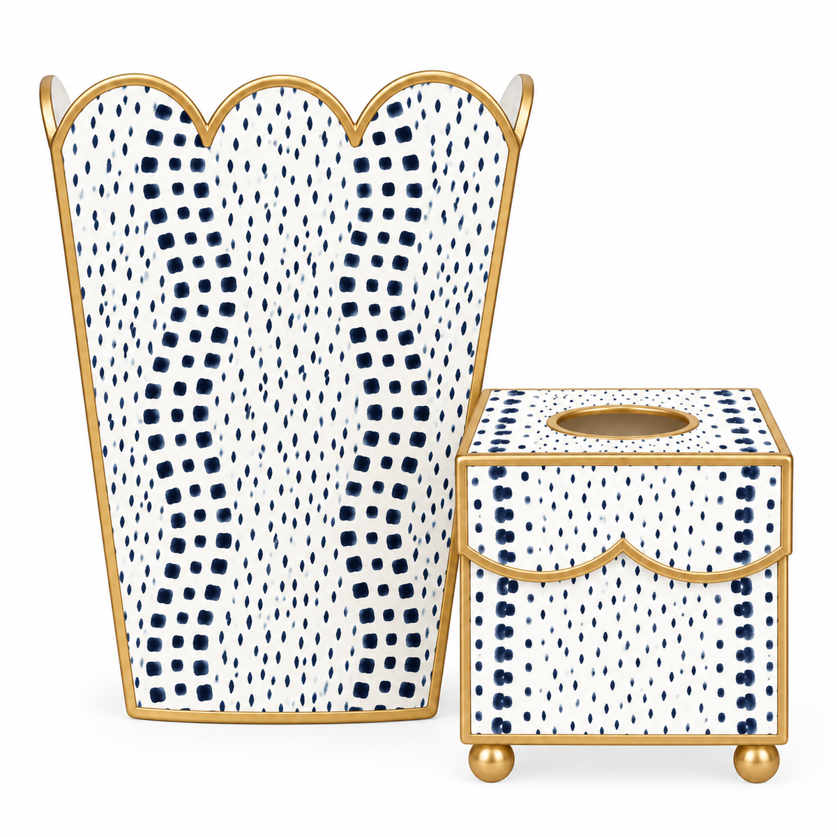 Navy Dot Square Scalloped Wastepaper Basket & Tissue Holder (2 Options)