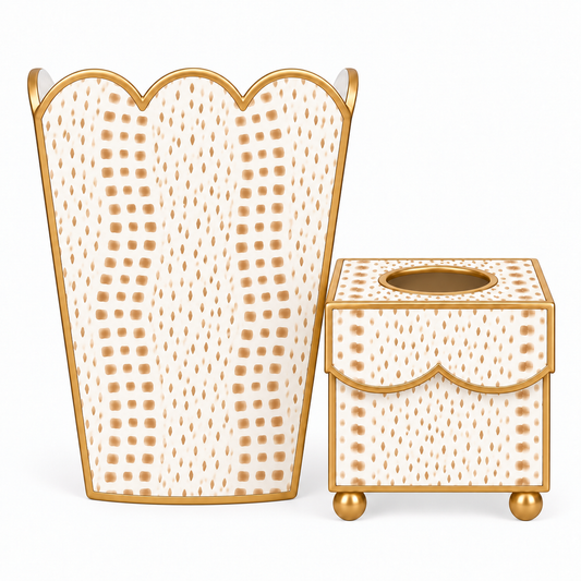 Tan Dot Square Scalloped Wastepaper Basket & Tissue Holder (2 Options)