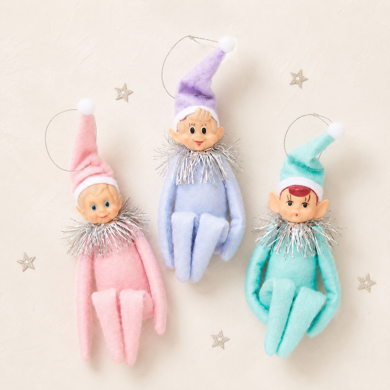 Pastel MCM KneeHugger Elf Ornaments Set of 3 by Bethany Lowe — Vintage Reproduction Christmas Ornaments