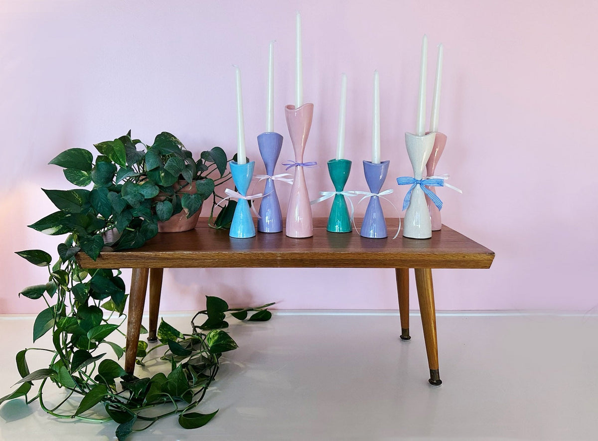 Tulip Candlestick Holders in Purple Tweed