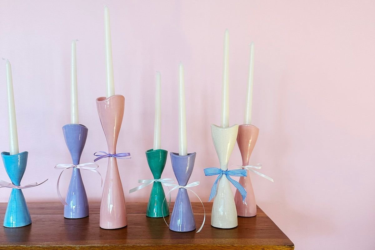 Tulip Candlestick Holders in Speckled Cream