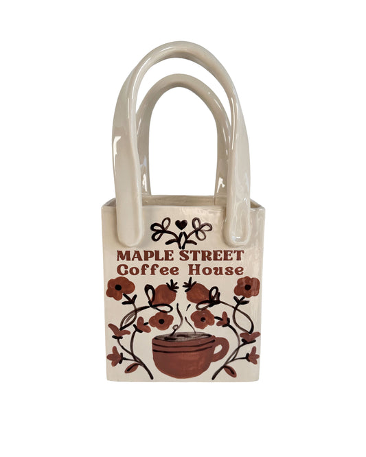 Coffee Shop Tote Bag Vase Featuring Handpainted Artwork