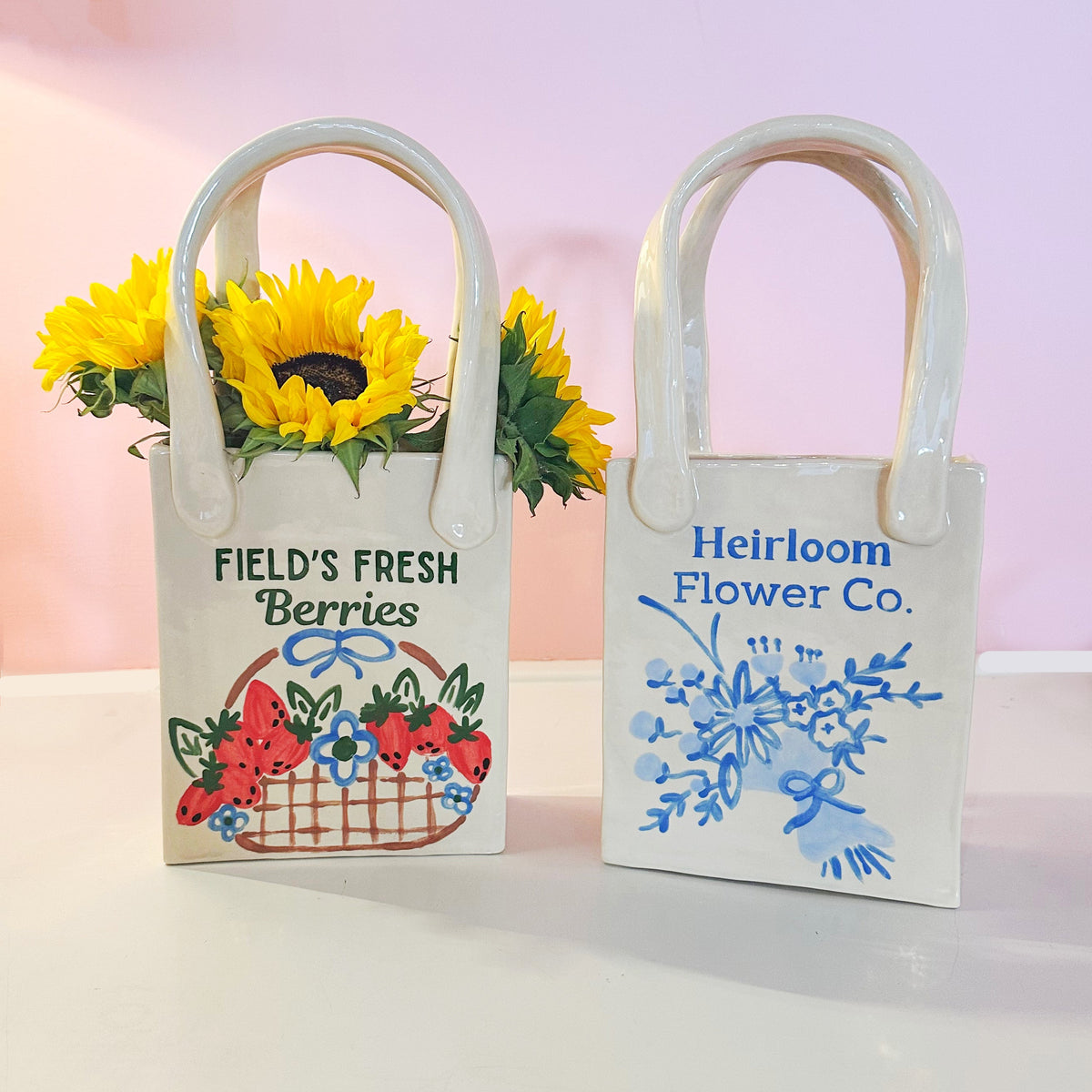 Heirloom Flower Medium Tote Bag Vase Featuring Handpainted Artwork