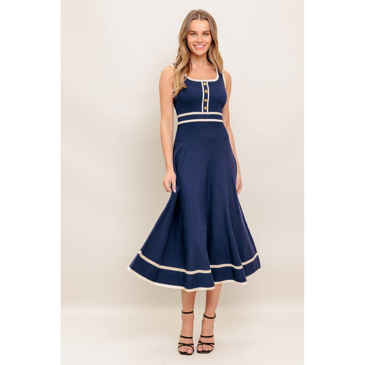 a woman in a blue dress