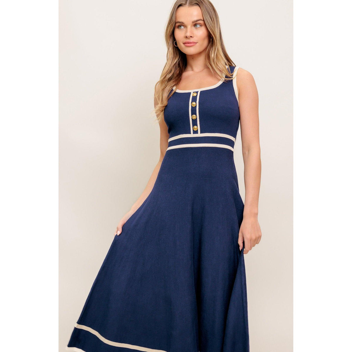 a woman in a blue dress