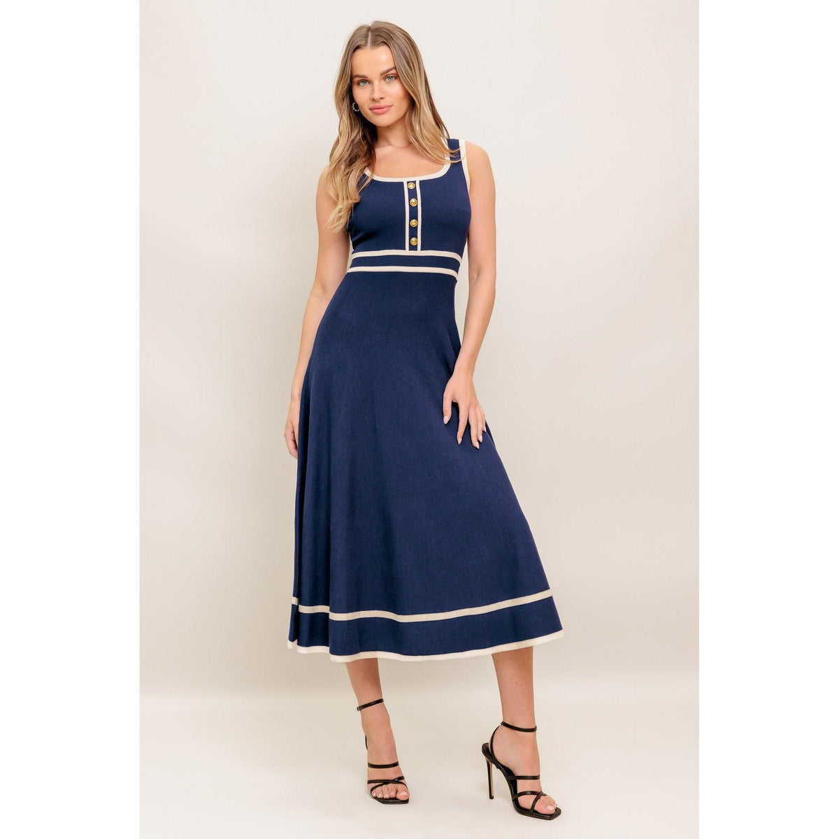 a woman in a blue dress