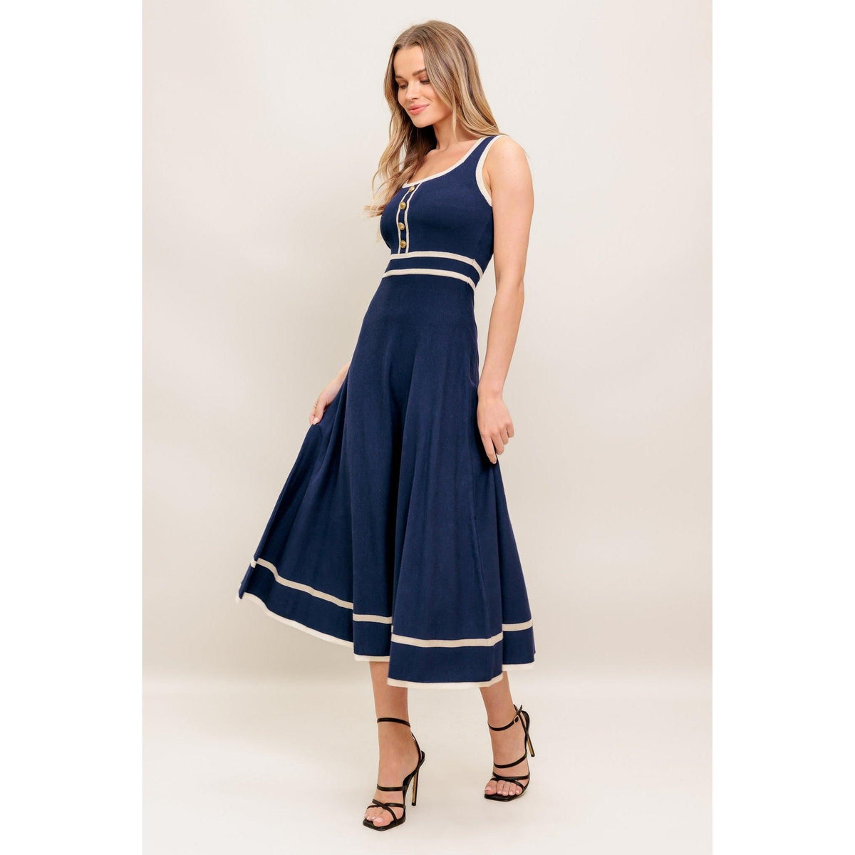 a woman in a blue dress