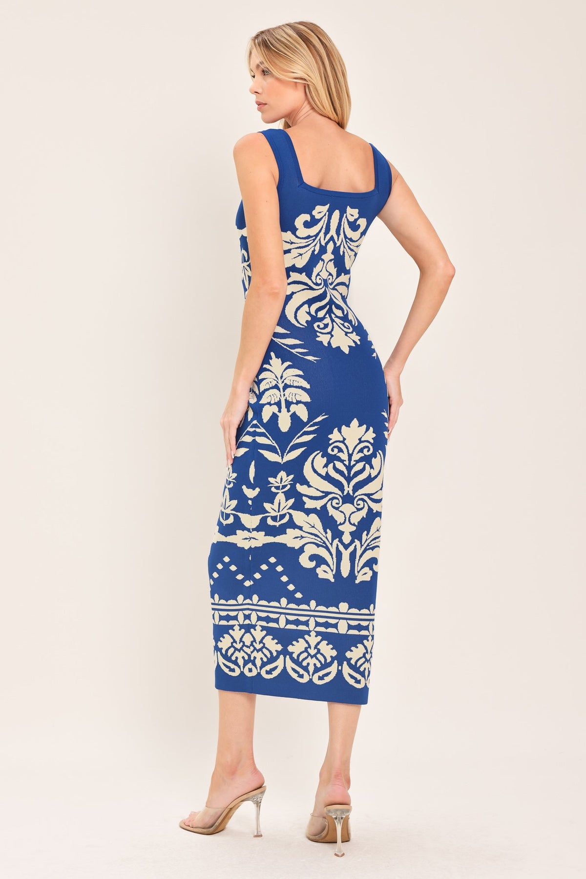 a woman in a blue dress