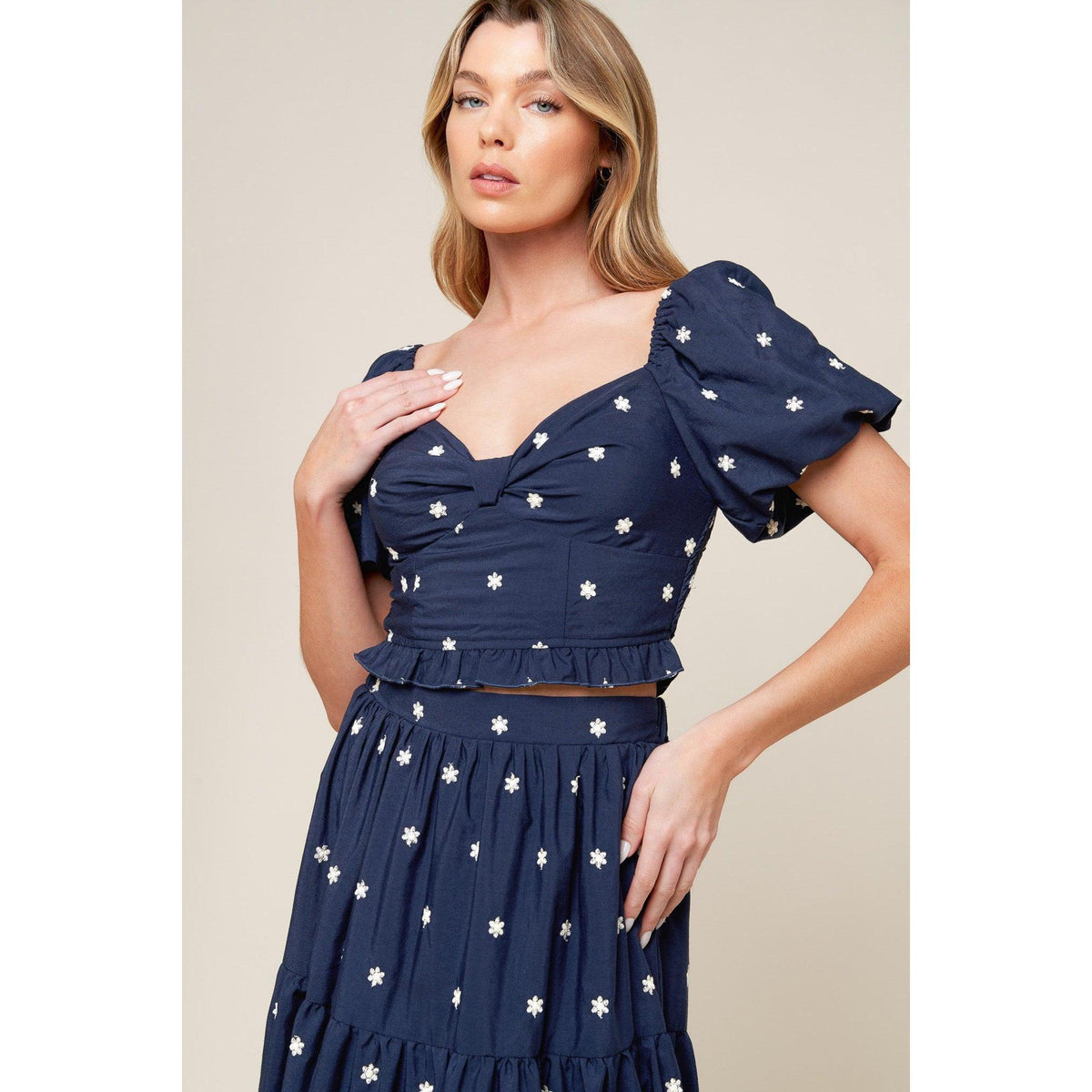 a woman in a blue dress