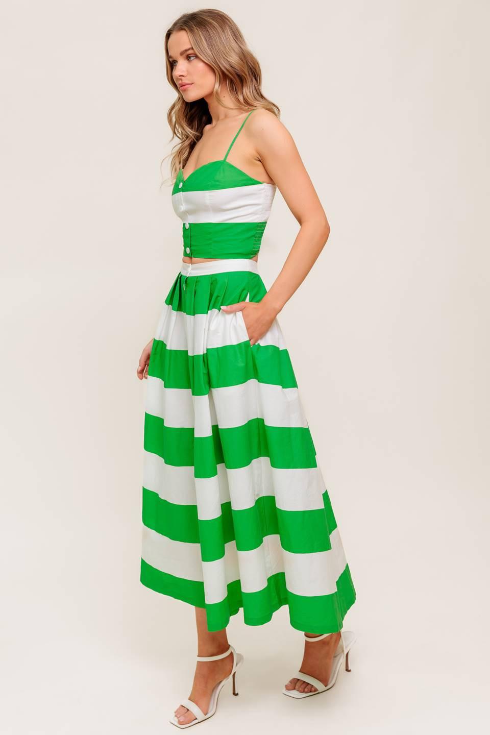 INFINITE FLARE GREEN WOVEN TOP AND SKIRT SET