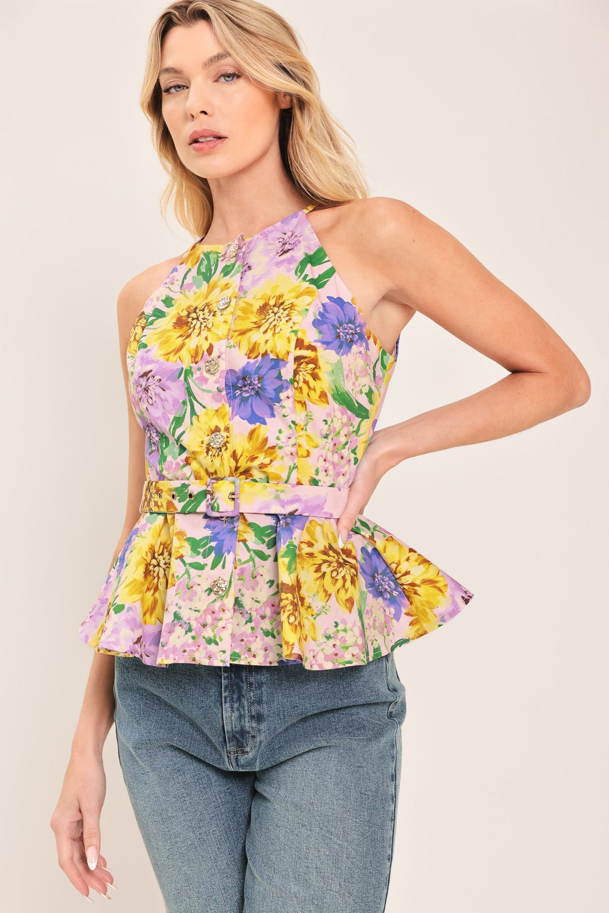 a woman in a floral shirt