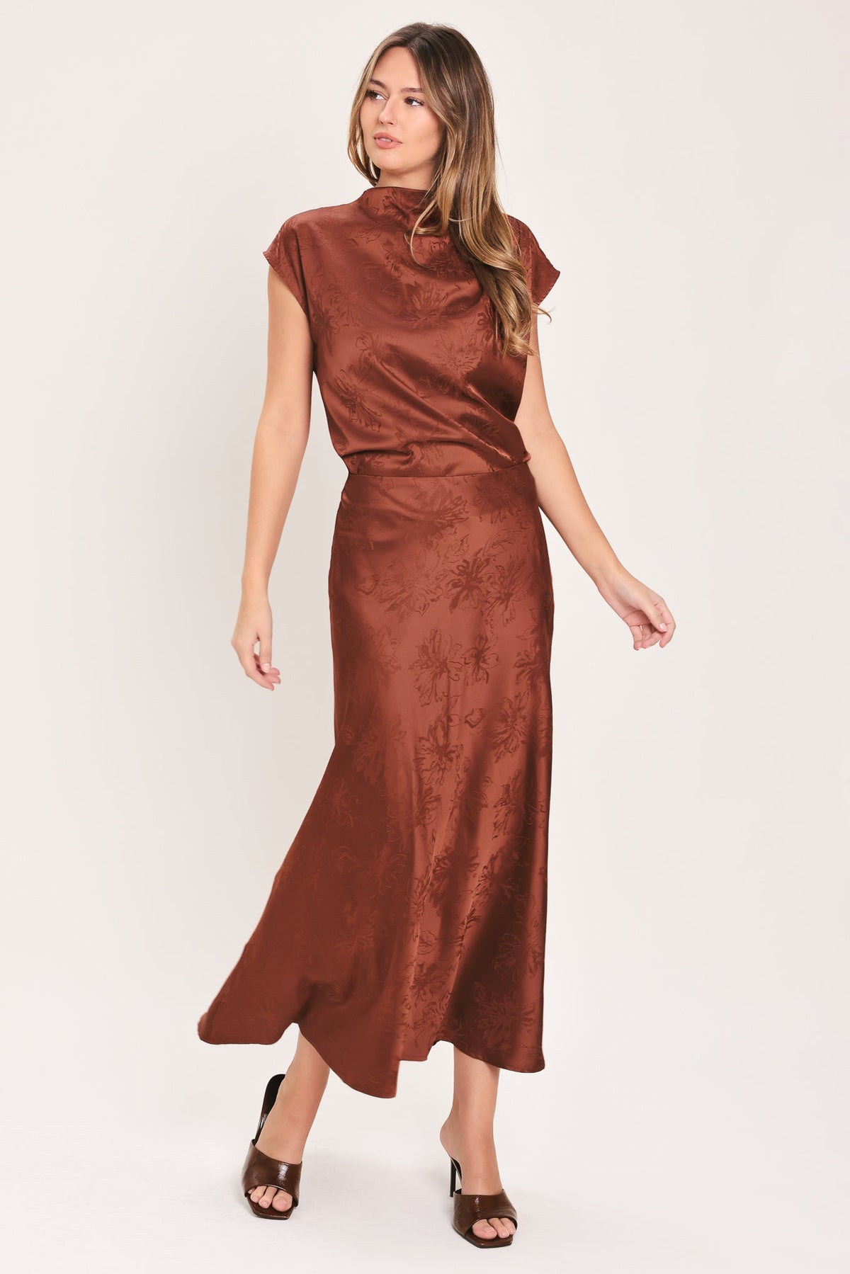 BURGUNDY DYNASTY JACQUARD SATIN FUNNEL-NECK TOP