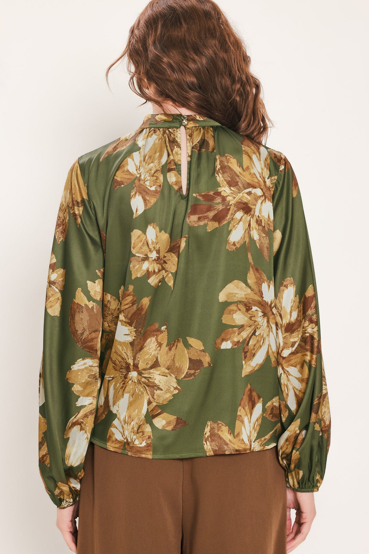 OLIVE ALLURE PRINTED HIGH-NECK BLOUSON-SLEEVE TOP