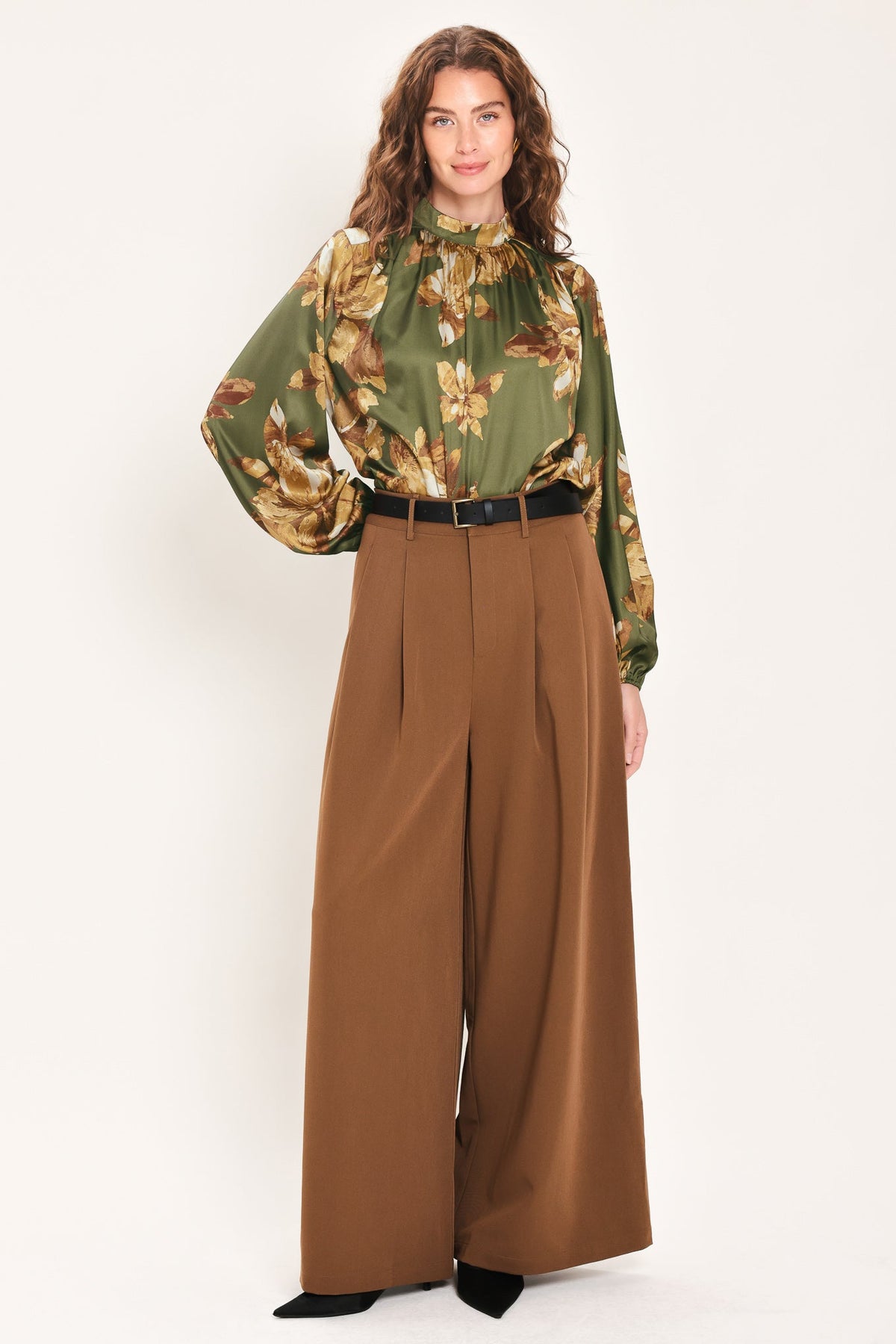 OLIVE ALLURE PRINTED HIGH-NECK BLOUSON-SLEEVE TOP