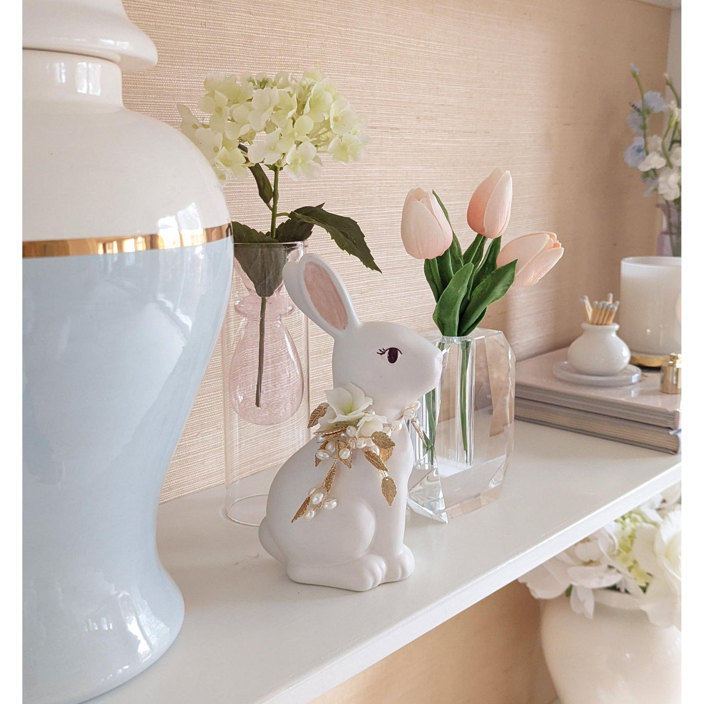 Ivory Sugar Bunny with Hydrangea, Pearl and Gold Accents