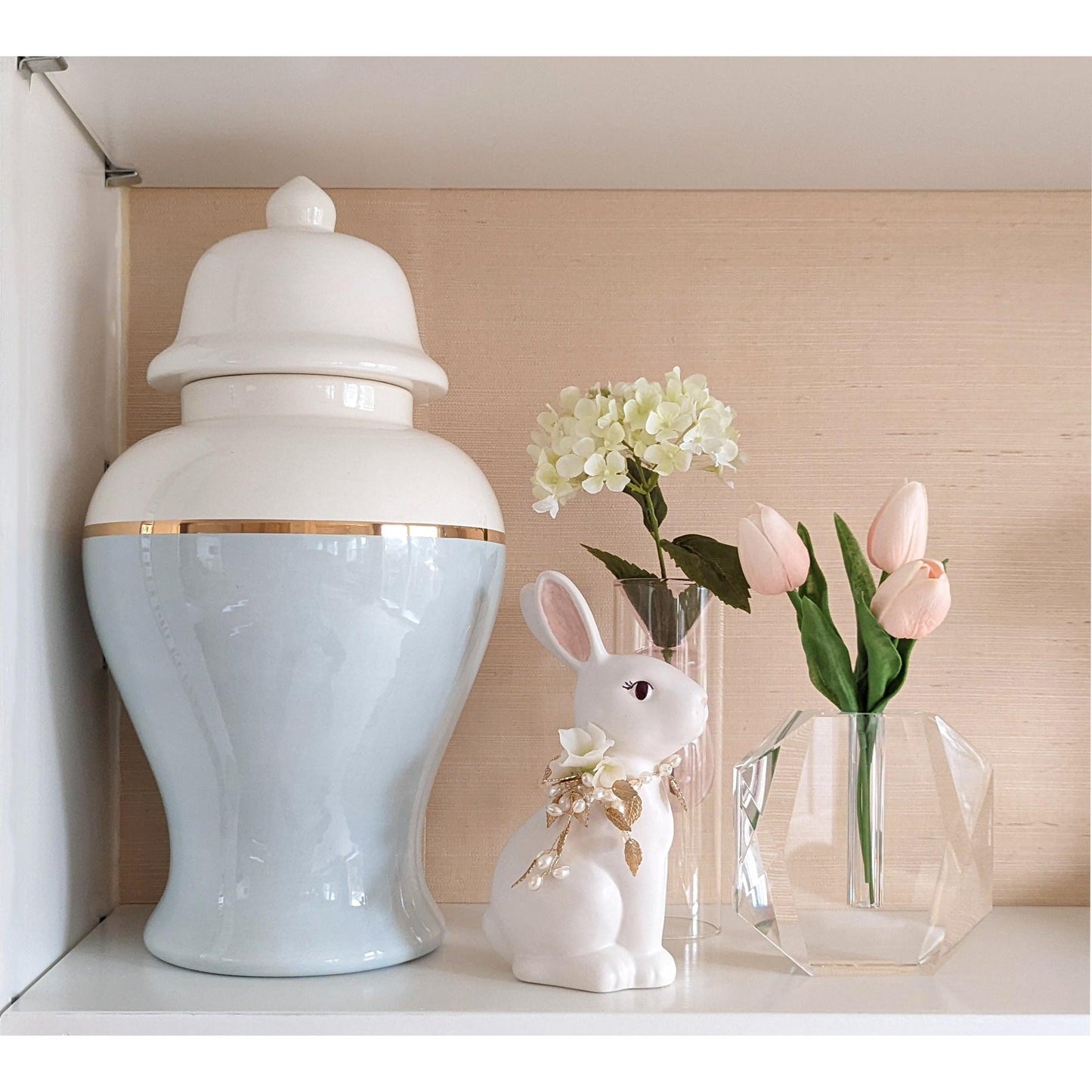 Ivory Sugar Bunny with Hydrangea, Pearl and Gold Accents