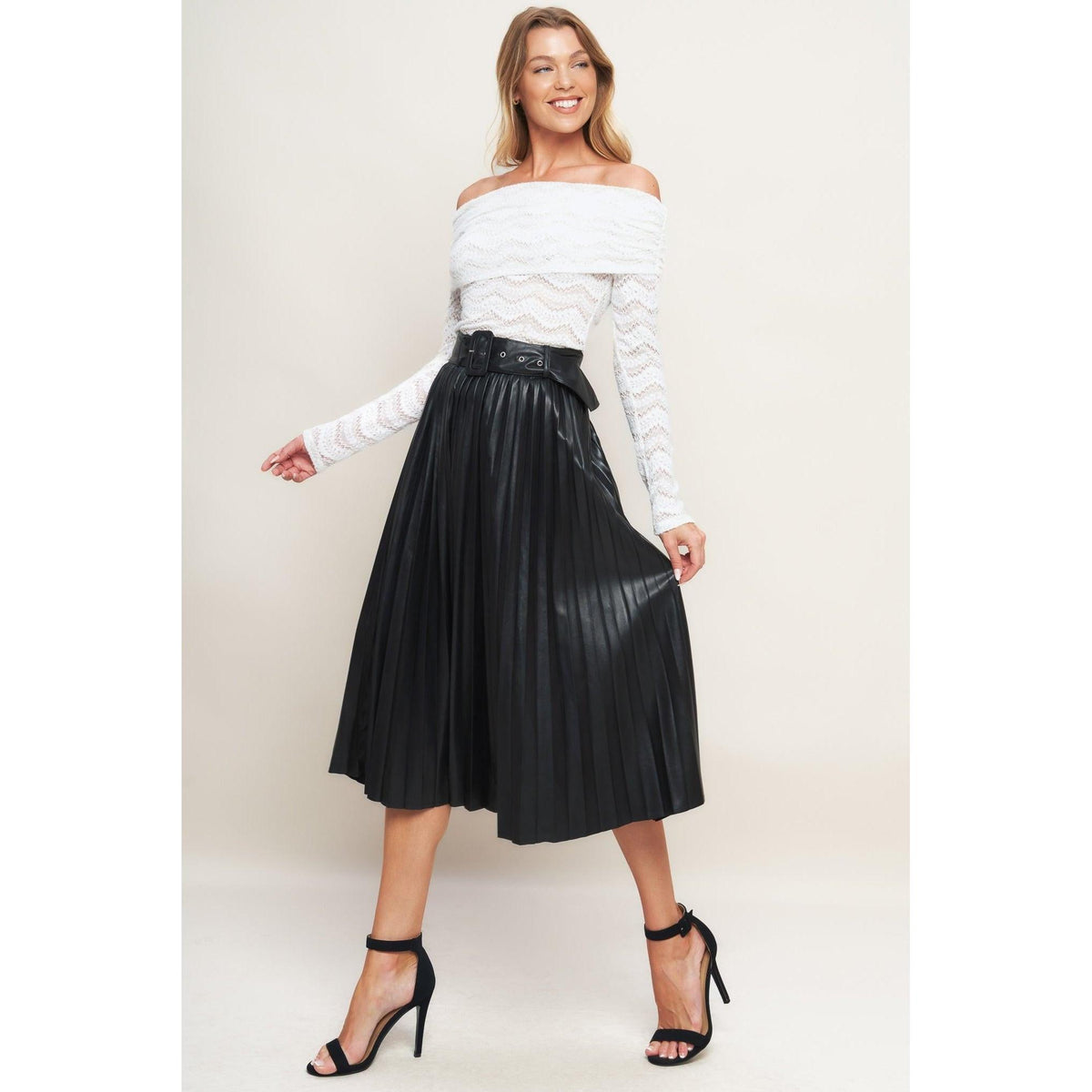a woman in a black skirt