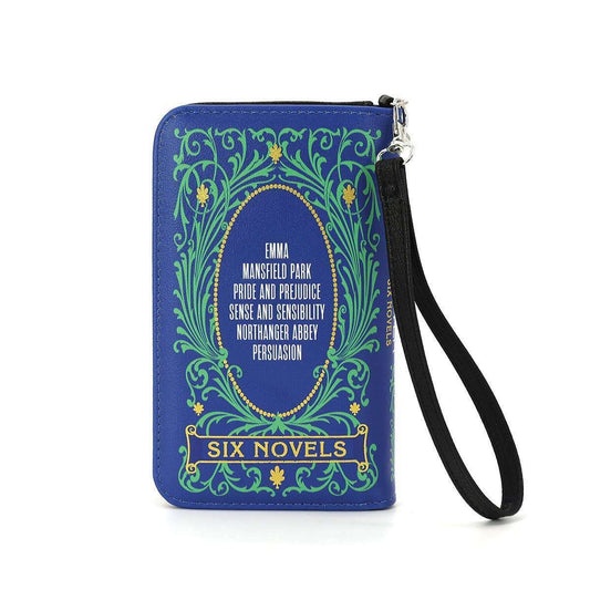 a blue wallet with green and yellow designs