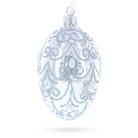 Jeweled Beads on Glossy White Glass Egg Ornament 4 Inches