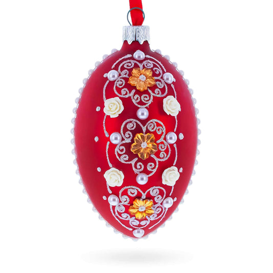 Jeweled Flowers on Red Glass Egg Christmas Ornament 4 Inches