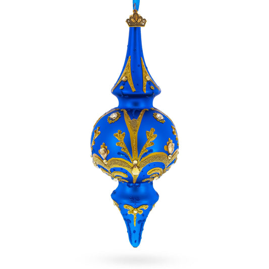 Jeweled Gold Scrollwork's on Blue Double-Ended Finial Drop Glass Christmas Ornament