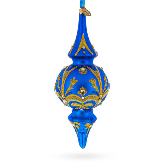 Jeweled Gold Scrollwork's on Blue Double-Ended Finial Drop Glass Christmas Ornament