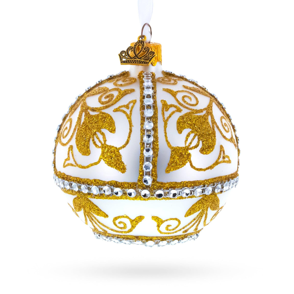 Jeweled Golden Chandelier on Silver Glass Ball Christmas Ornament 3.25 Inches
