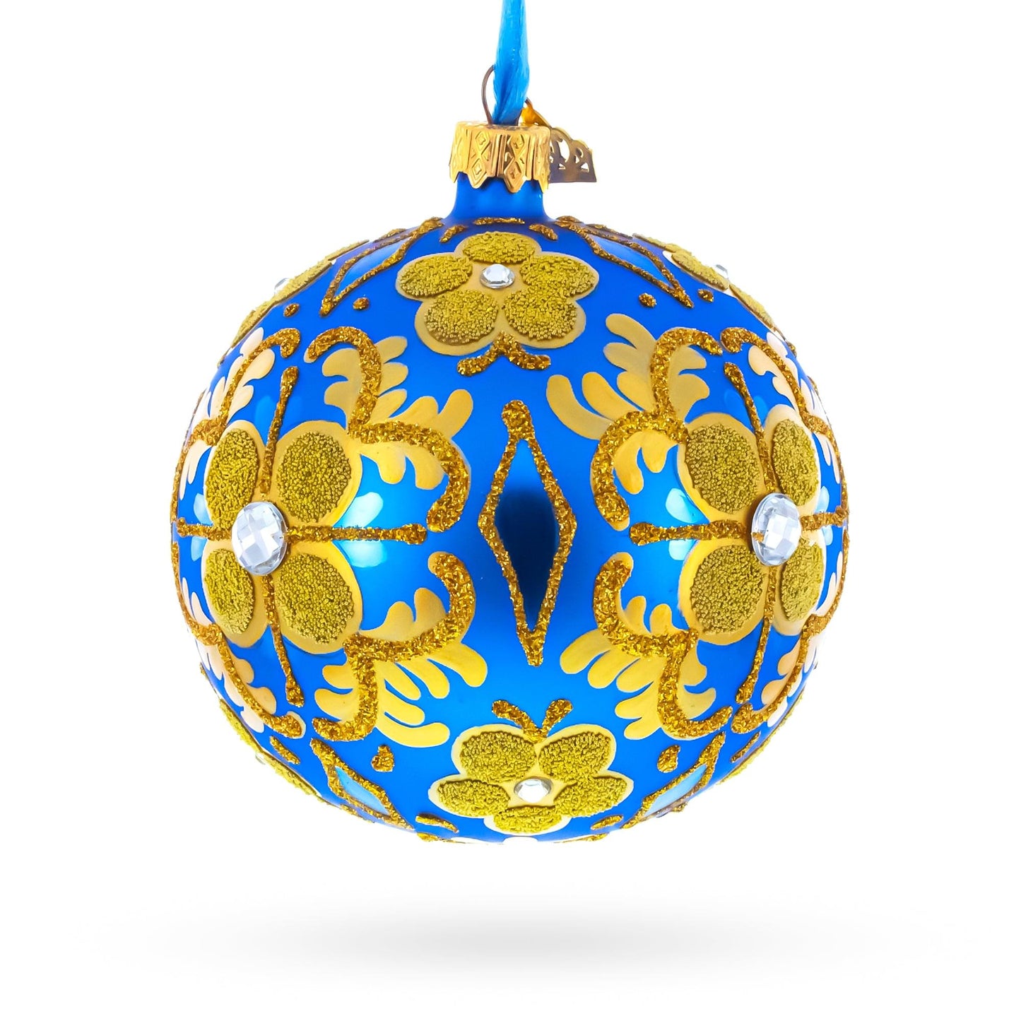 Jeweled Golden Leaves on Blue Glass  Ball Christmas Ornament 4 Inches