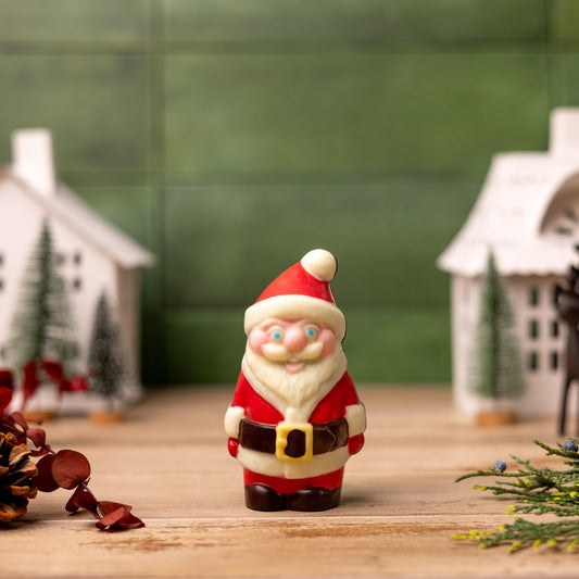 a small figurine of santa claus and pine cones