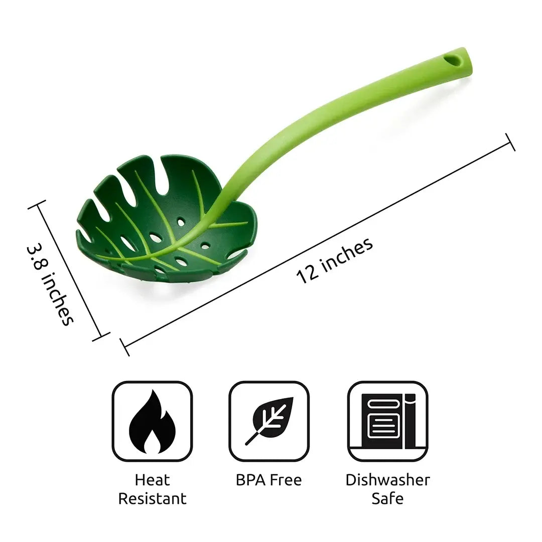 a green spoon with a long handle