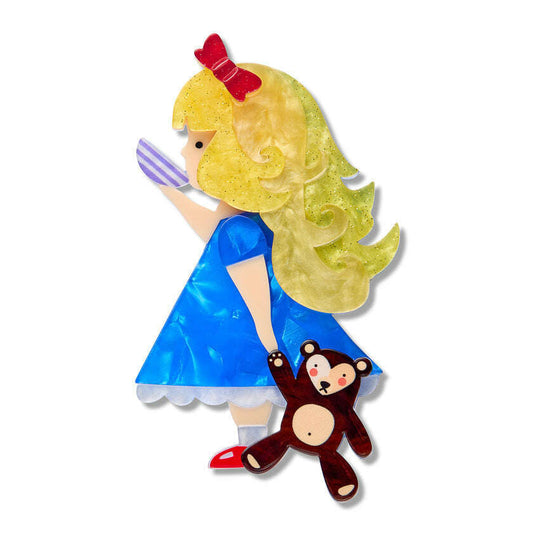a cartoon of a girl holding a teddy bear