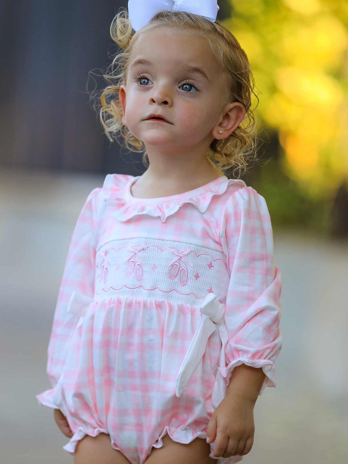 Fall Pink Plaid Ruffle Ballet Shoe Embroidery Long Sleeve Romper
