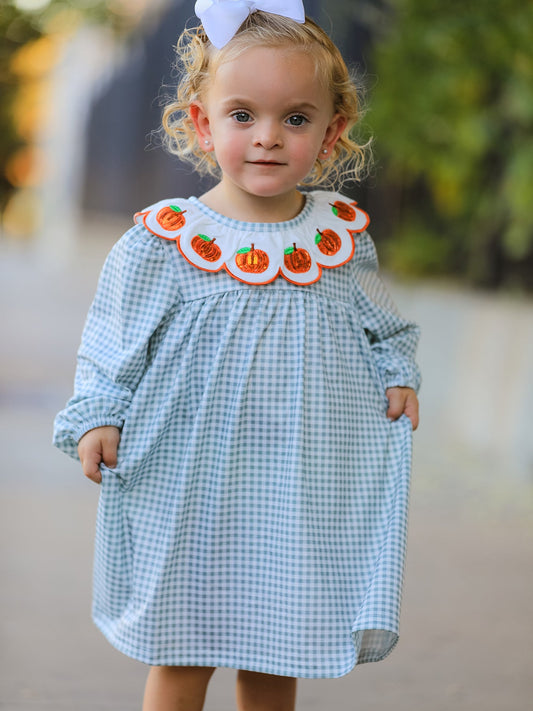 Halloween Thanksgiving Pumpkin Embroidery Girls Dress Peter Pan Collar