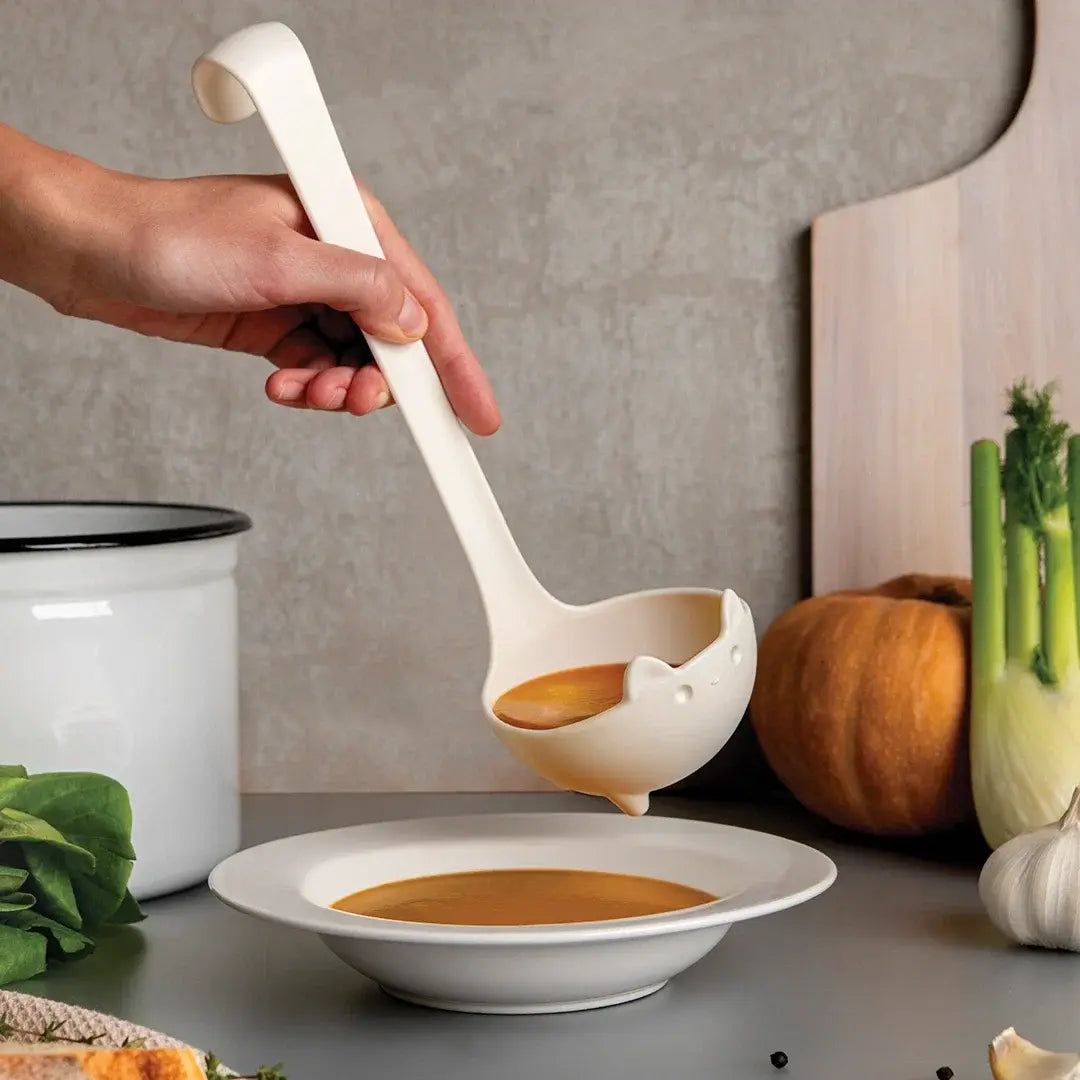 a person pouring soup into a bowl