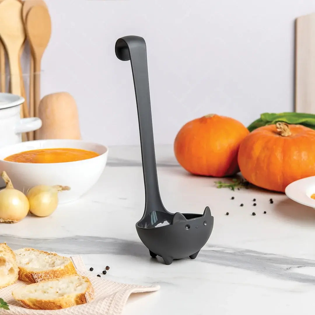 a ladle on a table with food and vegetables