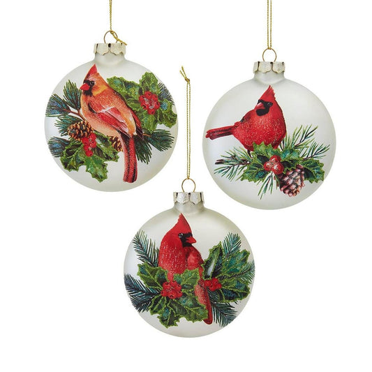 Kurt Adler 100MM Glass Cardinal Flat Ball Ornaments, (Set of 3)