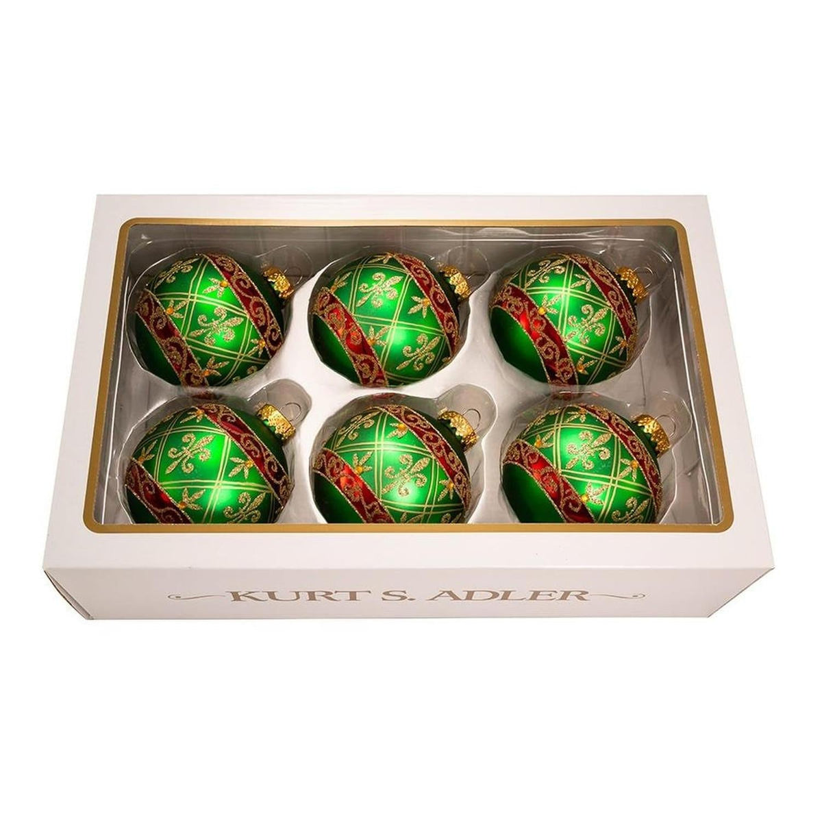 Kurt Adler 80MM Green Glass Ball Ornament Gold Fleur-De-Lis, Set of 6