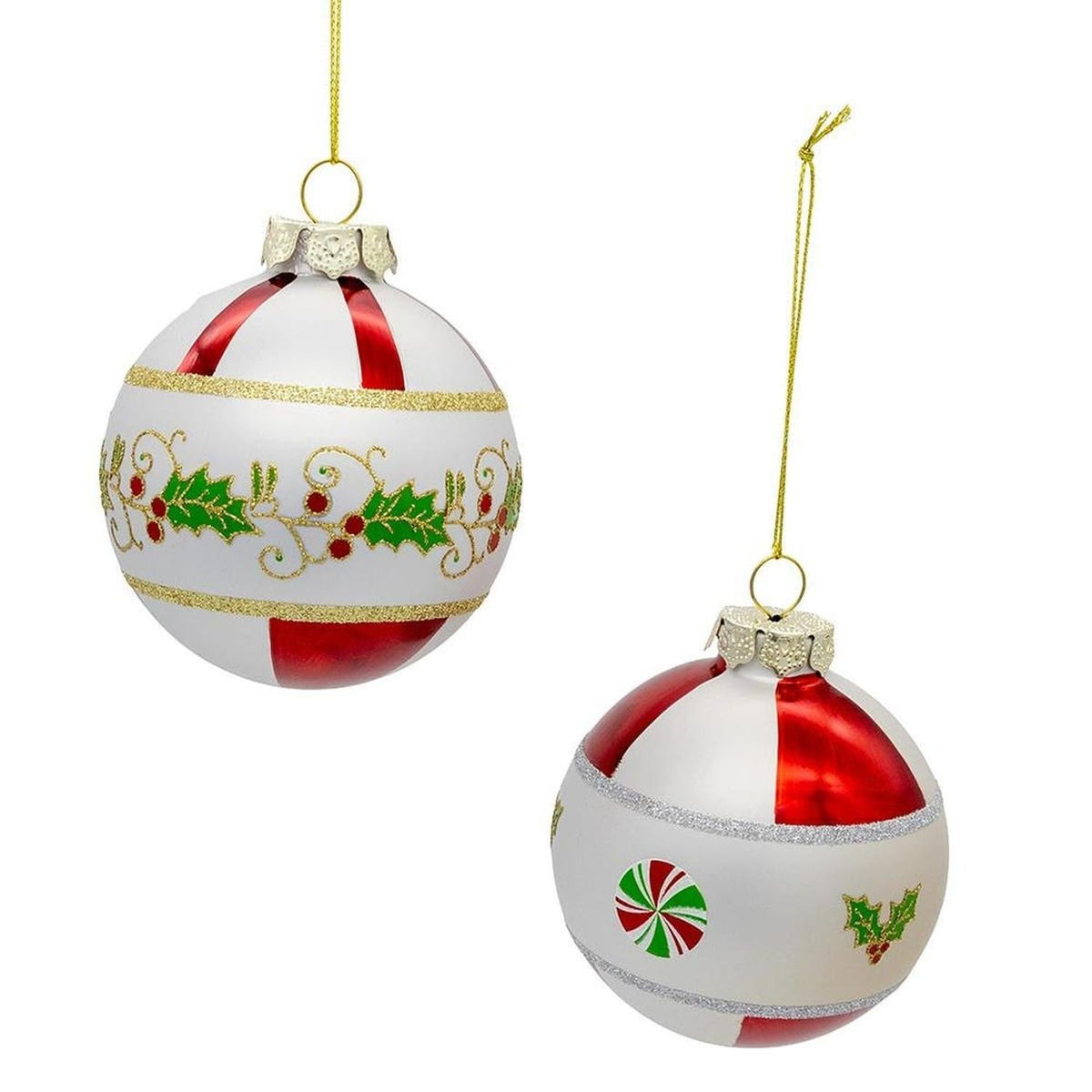 Kurt Adler 80mm Holly Leaves Glass Ball Ornament (Set of 6)