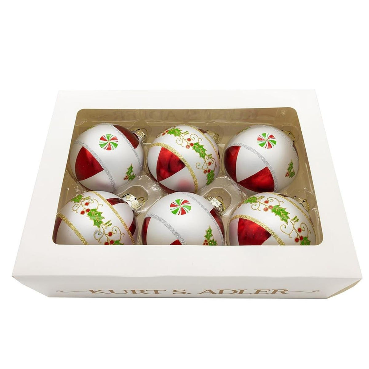 Kurt Adler 80mm Holly Leaves Glass Ball Ornament (Set of 6)