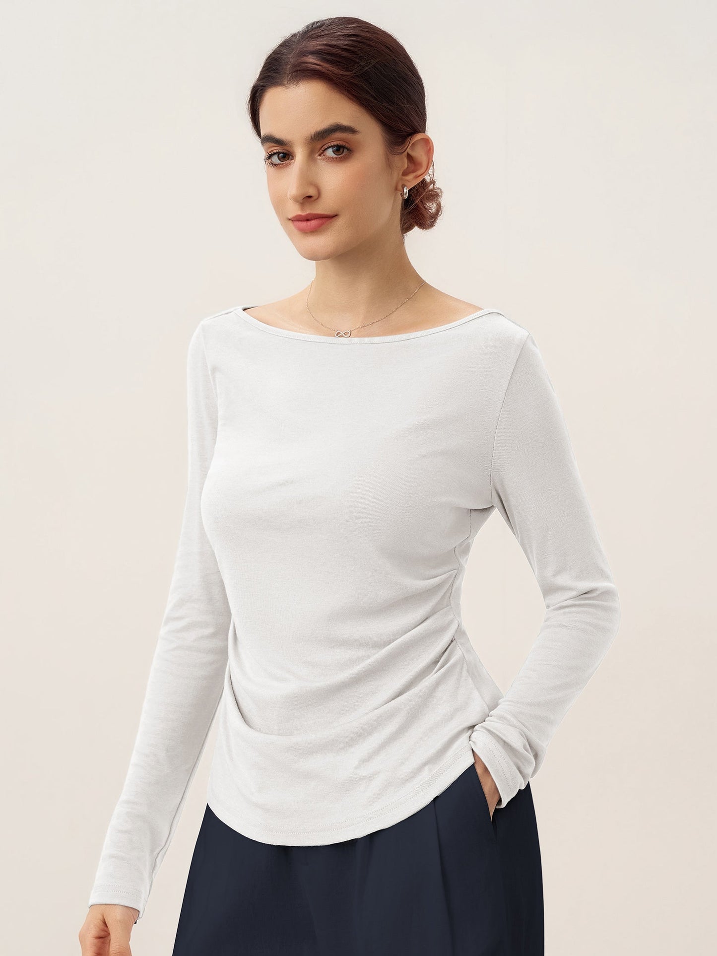 Wool Side Ruched Boat Neck Stretch Top VIVIEN