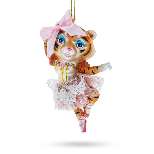 Lady Tiger in Pink Dress Glass Christmas Ornament