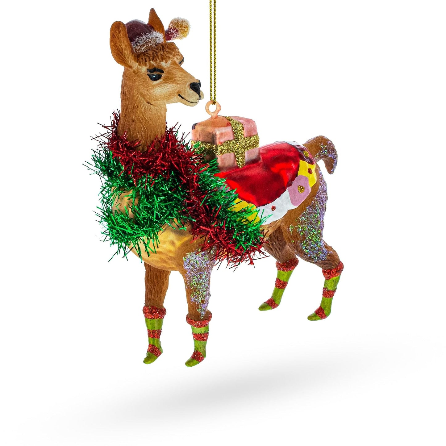 Lama with Gifts Glass Christmas Ornament