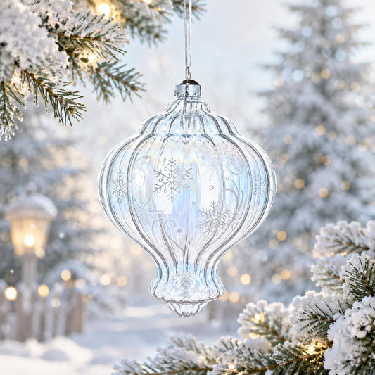 Lantern Shape Finial Clear Iridescent Glass Christmas Ornament 5.3 Inches