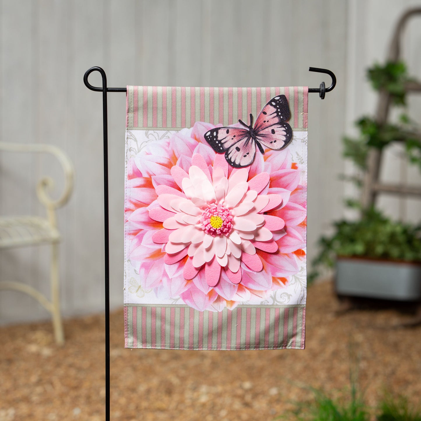 Dahlia & Butterfly Burlap Garden Flag